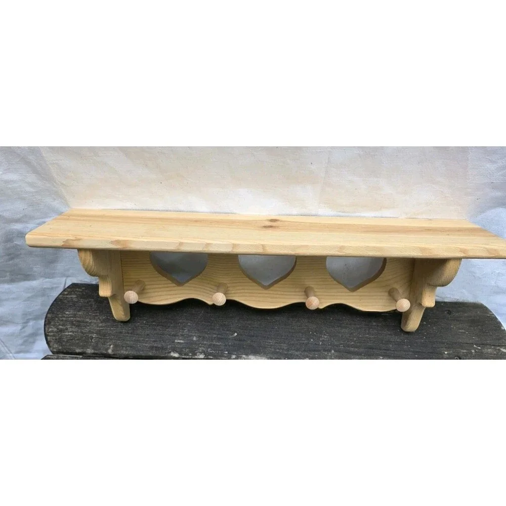 Vtg Unfinished Pine Wall Shelf Cutout Hearts Shaker Peg Rack Country 22